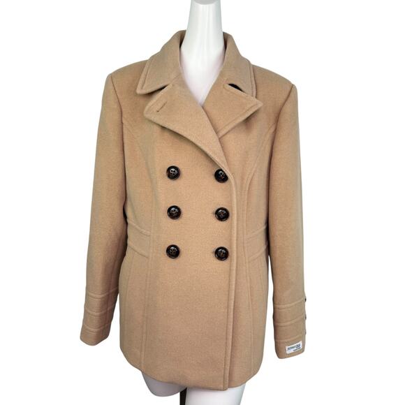 St. John's Bay Tan Double Breasted Peacoat Wool Cashmere Blend Woman's Sz Large - Picture 1 of 16